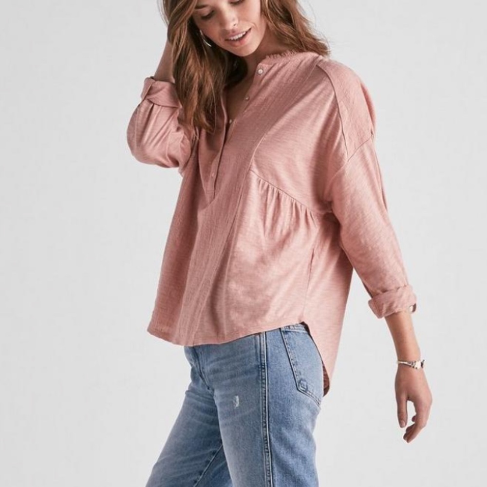 Lucky Brand Women's Gauze Mixed Henley Top XS Misty Rose - Picture 5 of 6